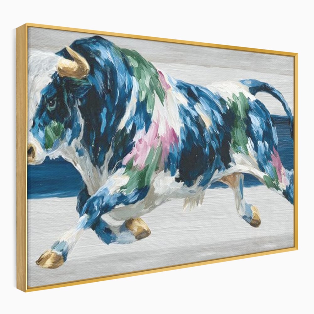 Tablou canvas cu tablou canvas pictura taur in miscare, in rama de aluminiu auriu